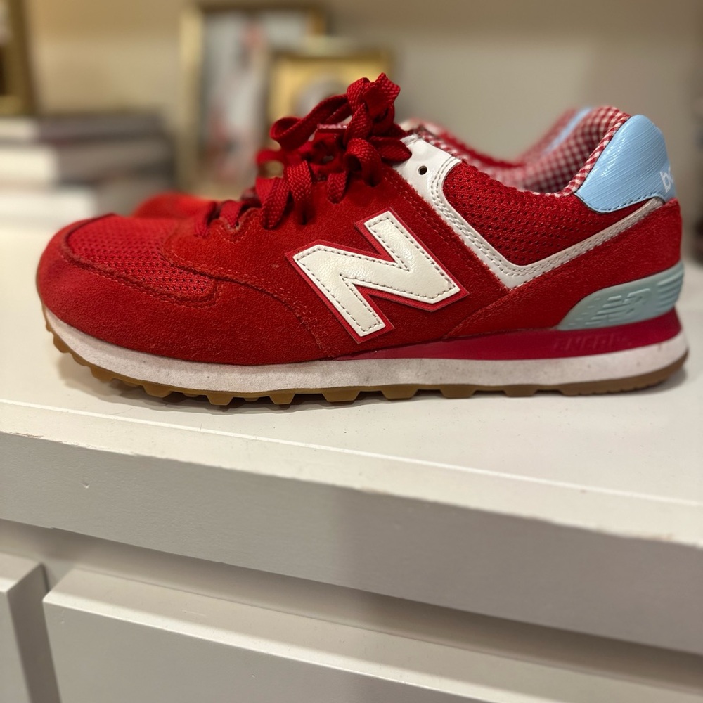New Balance Red & White Retro Runner Sneakers with Light Blue Heel